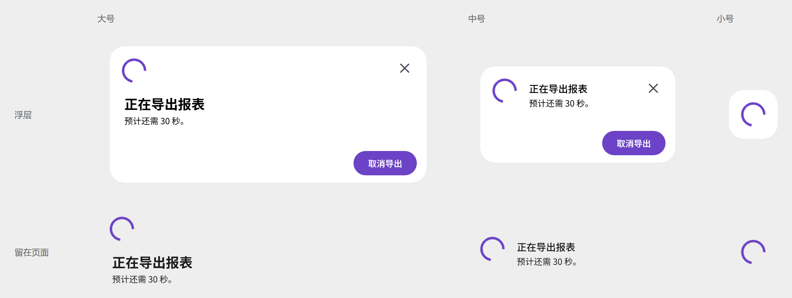 大中小加载弹窗，分浮层和留在页面