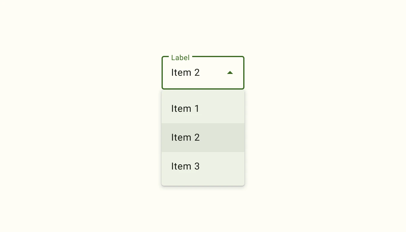 A textfield containing the text Item 2, with a dropdown menu containing Item 1, Item 2, and Item 3.